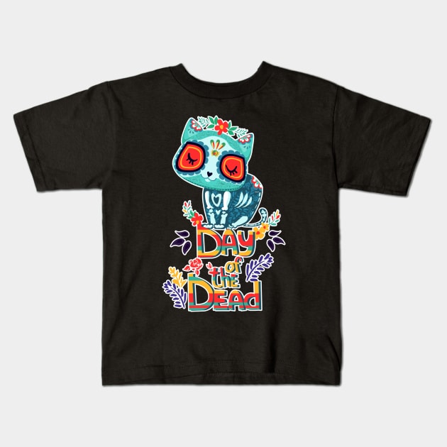 Sugar Skull Cat Day of the Dead Dia de los Muertos Cute Kids T-Shirt by creative